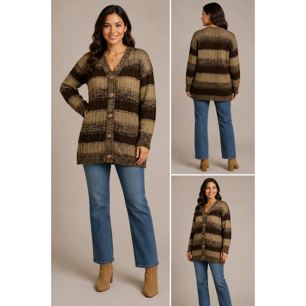Stroller Vintage 70s Striped Cardigan Sweater Large Brown Tan Acrylic Knit Boho
